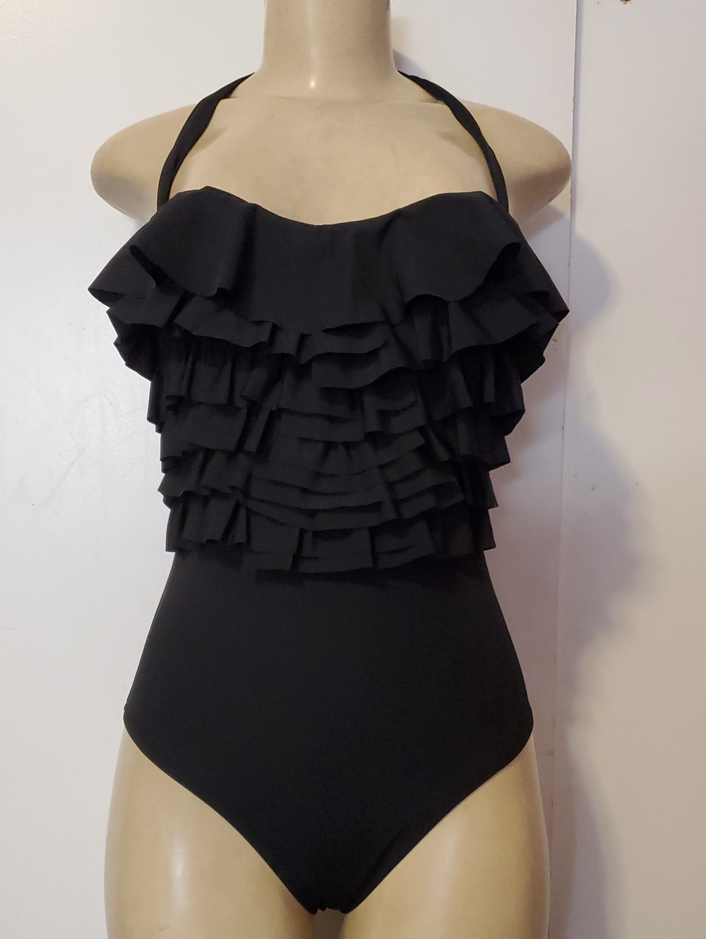 Red Carter Black Ruffle Halter One-Piece Swimsuit with Tiered Front